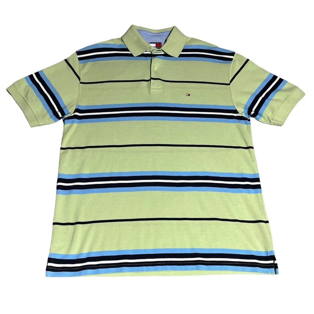 Tommy Hilfiger Polo Shirt Mens Medium Blue Green Striped Rugby Short Sleeve Golf